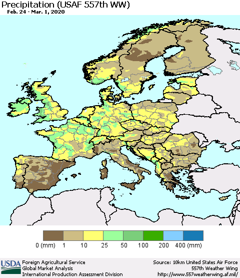 Europe Precipitation (USAF 557th WW) Thematic Map For 2/24/2020 - 3/1/2020
