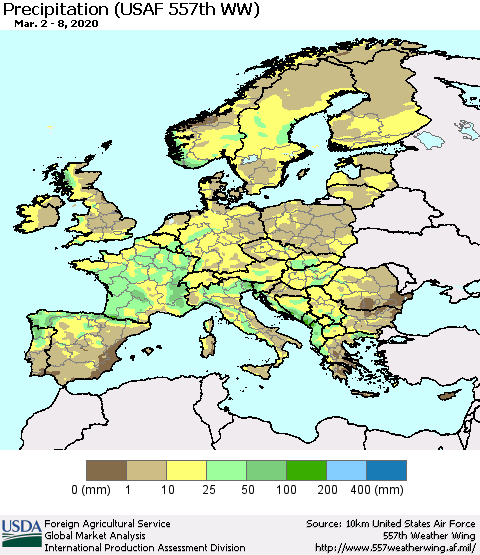 Europe Precipitation (USAF 557th WW) Thematic Map For 3/2/2020 - 3/8/2020
