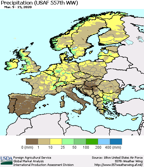 Europe Precipitation (USAF 557th WW) Thematic Map For 3/9/2020 - 3/15/2020