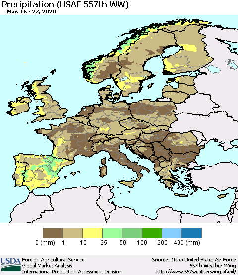 Europe Precipitation (USAF 557th WW) Thematic Map For 3/16/2020 - 3/22/2020