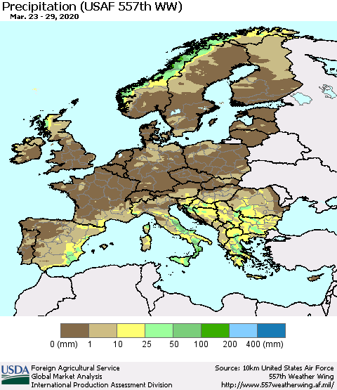 Europe Precipitation (USAF 557th WW) Thematic Map For 3/23/2020 - 3/29/2020