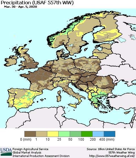 Europe Precipitation (USAF 557th WW) Thematic Map For 3/30/2020 - 4/5/2020