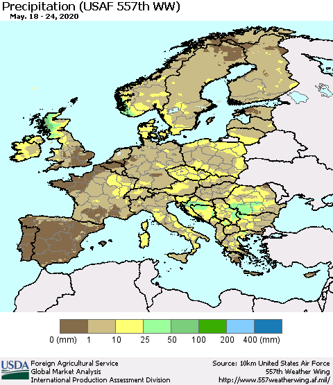 Europe Precipitation (USAF 557th WW) Thematic Map For 5/18/2020 - 5/24/2020