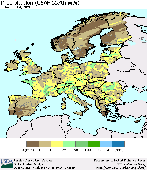 Europe Precipitation (USAF 557th WW) Thematic Map For 6/8/2020 - 6/14/2020