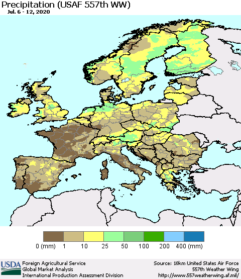 Europe Precipitation (USAF 557th WW) Thematic Map For 7/6/2020 - 7/12/2020