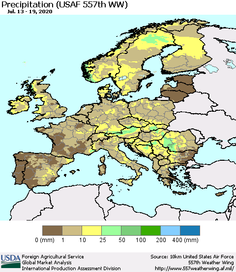 Europe Precipitation (USAF 557th WW) Thematic Map For 7/13/2020 - 7/19/2020