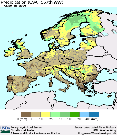 Europe Precipitation (USAF 557th WW) Thematic Map For 7/20/2020 - 7/26/2020