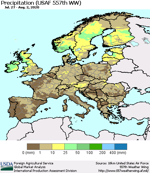 Europe Precipitation (USAF 557th WW) Thematic Map For 7/27/2020 - 8/2/2020