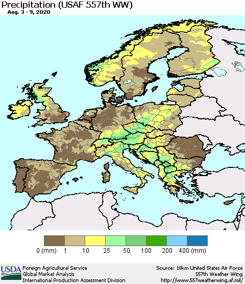 Europe Precipitation (USAF 557th WW) Thematic Map For 8/3/2020 - 8/9/2020
