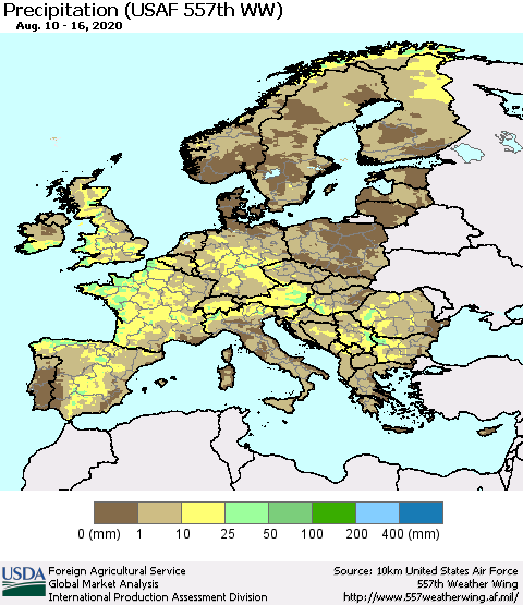 Europe Precipitation (USAF 557th WW) Thematic Map For 8/10/2020 - 8/16/2020