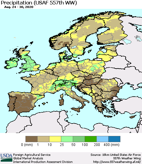 Europe Precipitation (USAF 557th WW) Thematic Map For 8/24/2020 - 8/30/2020