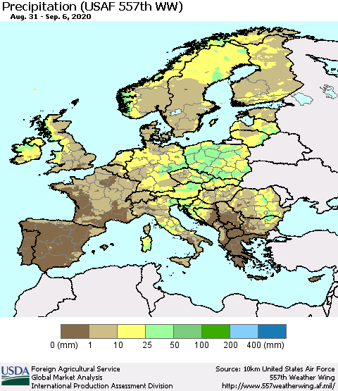 Europe Precipitation (USAF 557th WW) Thematic Map For 8/31/2020 - 9/6/2020
