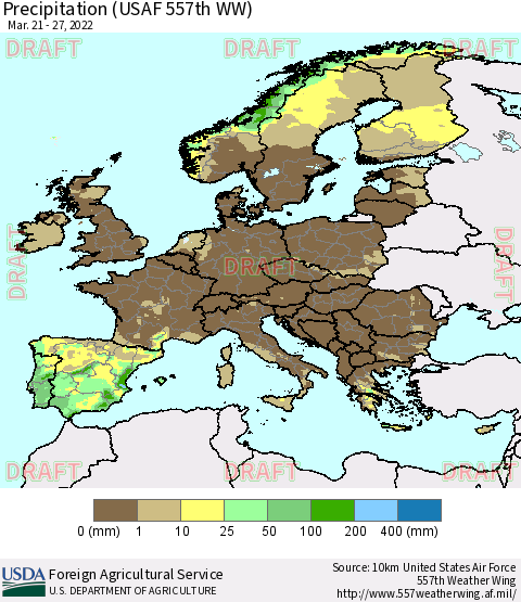 Europe Precipitation (USAF 557th WW) Thematic Map For 3/21/2022 - 3/27/2022