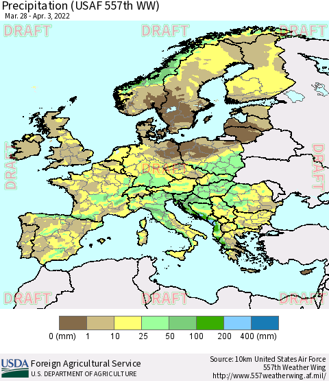 Europe Precipitation (USAF 557th WW) Thematic Map For 3/28/2022 - 4/3/2022