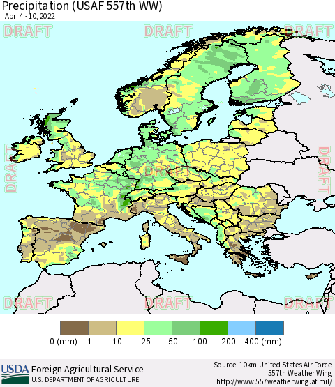 Europe Precipitation (USAF 557th WW) Thematic Map For 4/4/2022 - 4/10/2022