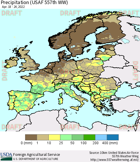 Europe Precipitation (USAF 557th WW) Thematic Map For 4/18/2022 - 4/24/2022