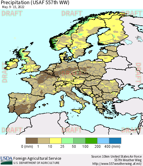 Europe Precipitation (USAF 557th WW) Thematic Map For 5/9/2022 - 5/15/2022
