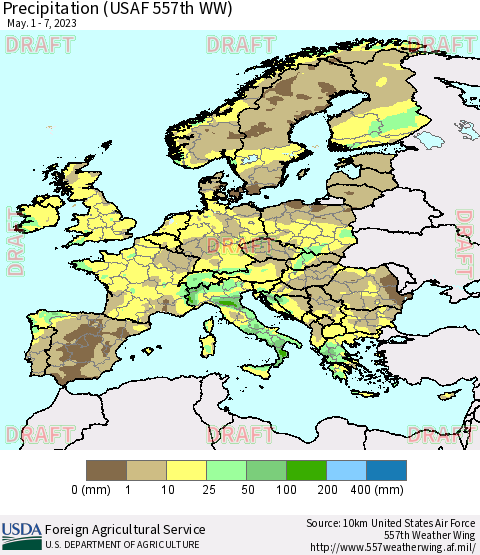 Europe Precipitation (USAF 557th WW) Thematic Map For 5/1/2023 - 5/7/2023