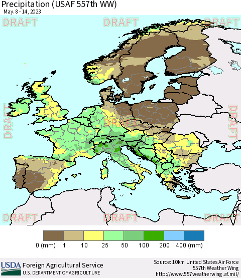 Europe Precipitation (USAF 557th WW) Thematic Map For 5/8/2023 - 5/14/2023