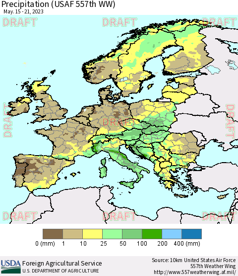 Europe Precipitation (USAF 557th WW) Thematic Map For 5/15/2023 - 5/21/2023
