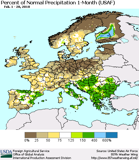 Europe Percent of Normal Precipitation 1-Month (USAF) Thematic Map For 2/1/2018 - 2/28/2018