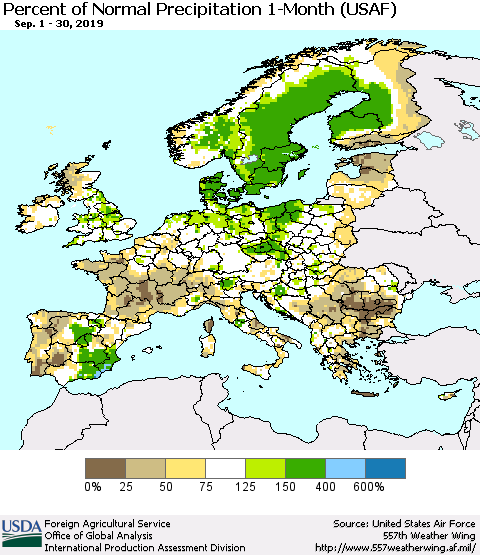 Europe Percent of Normal Precipitation 1-Month (USAF) Thematic Map For 9/1/2019 - 9/30/2019