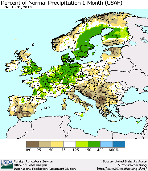 Europe Percent of Normal Precipitation 1-Month (USAF) Thematic Map For 10/1/2019 - 10/31/2019