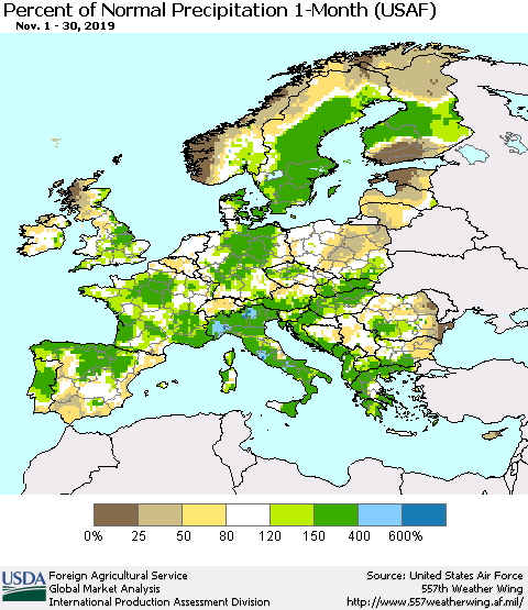 Europe Percent of Normal Precipitation 1-Month (USAF) Thematic Map For 11/1/2019 - 11/30/2019