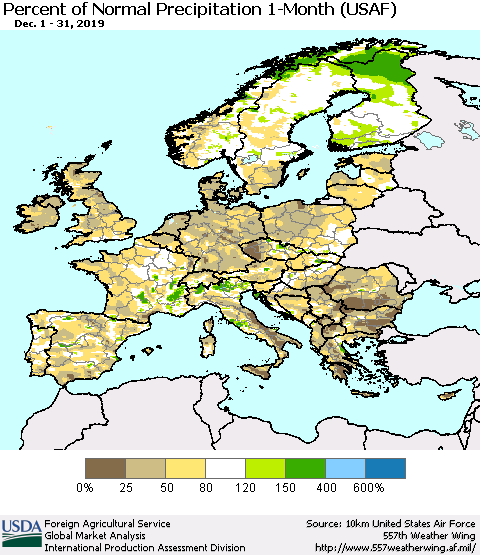 Europe Percent of Normal Precipitation 1-Month (USAF) Thematic Map For 12/1/2019 - 12/31/2019