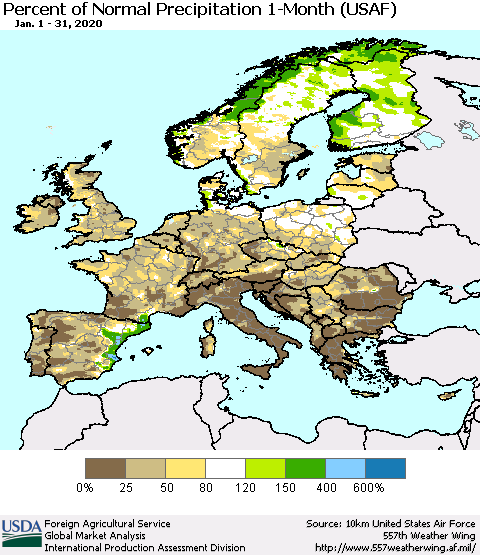 Europe Percent of Normal Precipitation 1-Month (USAF) Thematic Map For 1/1/2020 - 1/31/2020