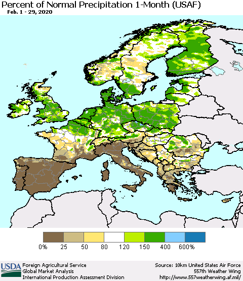 Europe Percent of Normal Precipitation 1-Month (USAF) Thematic Map For 2/1/2020 - 2/29/2020