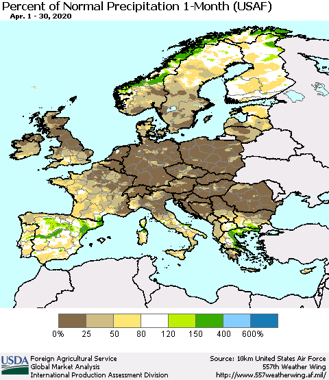 Europe Percent of Normal Precipitation 1-Month (USAF) Thematic Map For 4/1/2020 - 4/30/2020