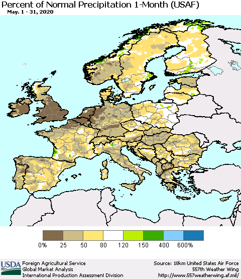 Europe Percent of Normal Precipitation 1-Month (USAF) Thematic Map For 5/1/2020 - 5/31/2020