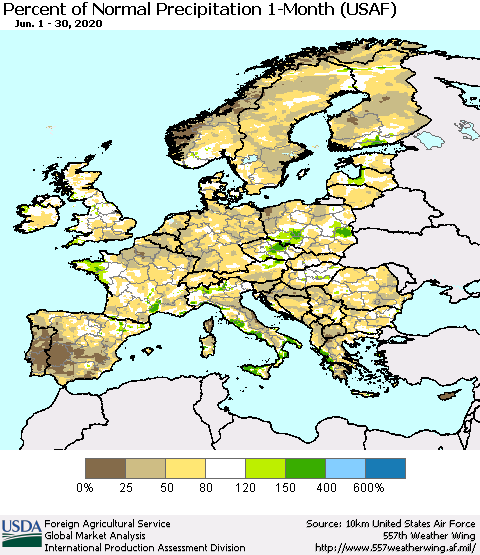 Europe Percent of Normal Precipitation 1-Month (USAF) Thematic Map For 6/1/2020 - 6/30/2020