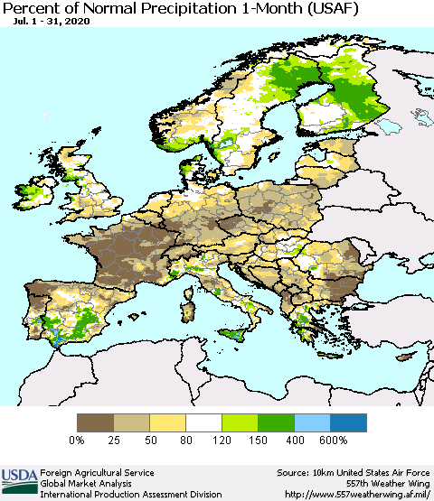 Europe Percent of Normal Precipitation 1-Month (USAF) Thematic Map For 7/1/2020 - 7/31/2020