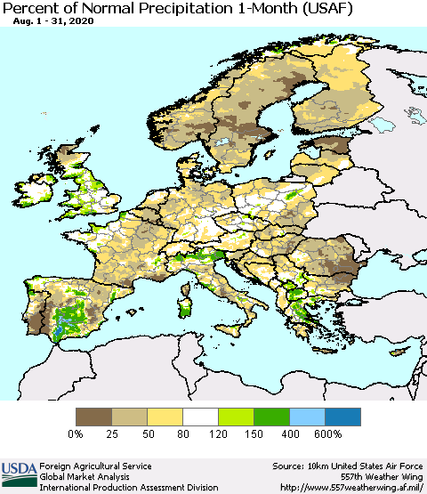 Europe Percent of Normal Precipitation 1-Month (USAF) Thematic Map For 8/1/2020 - 8/31/2020