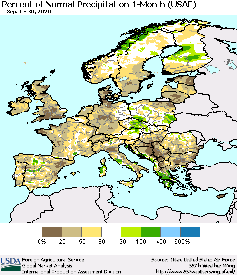 Europe Percent of Normal Precipitation 1-Month (USAF) Thematic Map For 9/1/2020 - 9/30/2020