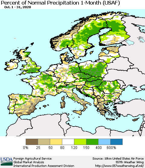 Europe Percent of Normal Precipitation 1-Month (USAF) Thematic Map For 10/1/2020 - 10/31/2020