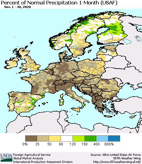 Europe Percent of Normal Precipitation 1-Month (USAF) Thematic Map For 11/1/2020 - 11/30/2020