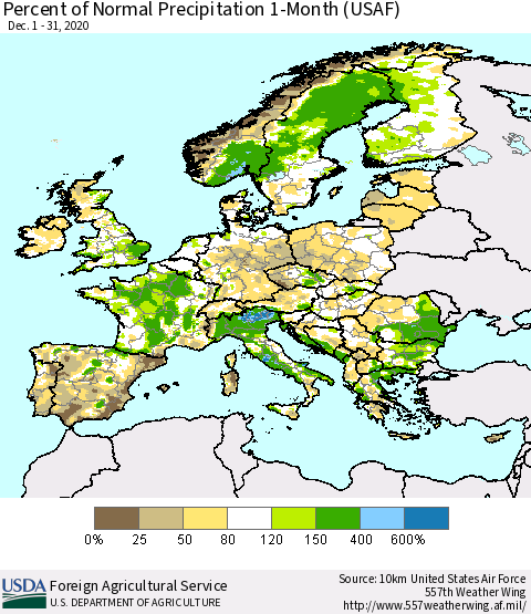Europe Percent of Normal Precipitation 1-Month (USAF) Thematic Map For 12/1/2020 - 12/31/2020