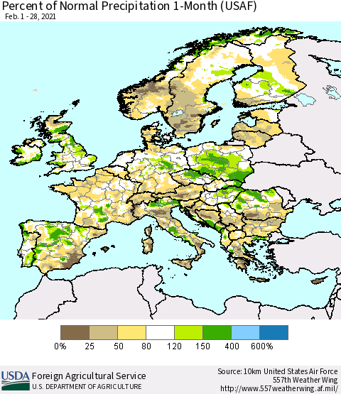 Europe Percent of Normal Precipitation 1-Month (USAF) Thematic Map For 2/1/2021 - 2/28/2021