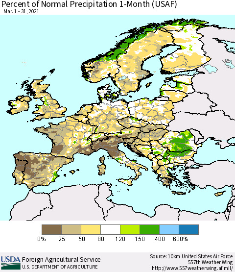 Europe Percent of Normal Precipitation 1-Month (USAF) Thematic Map For 3/1/2021 - 3/31/2021