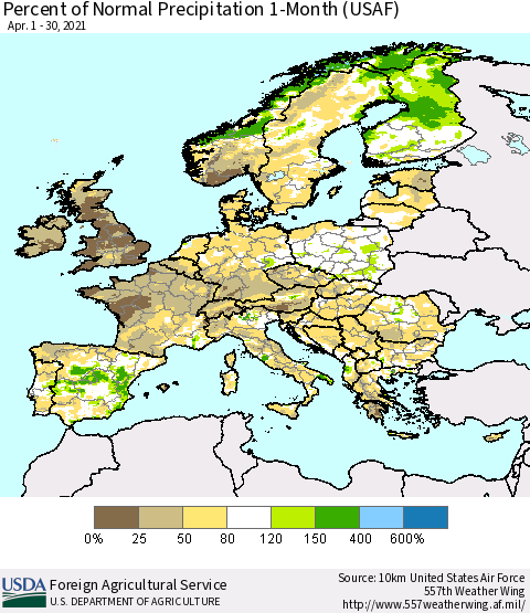 Europe Percent of Normal Precipitation 1-Month (USAF) Thematic Map For 4/1/2021 - 4/30/2021