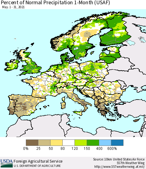 Europe Percent of Normal Precipitation 1-Month (USAF) Thematic Map For 5/1/2021 - 5/31/2021