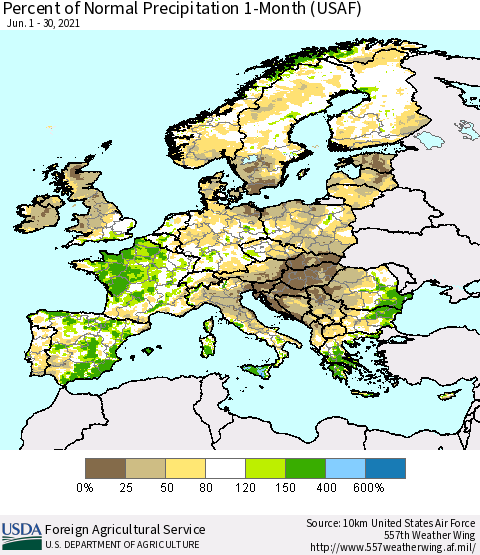 Europe Percent of Normal Precipitation 1-Month (USAF) Thematic Map For 6/1/2021 - 6/30/2021