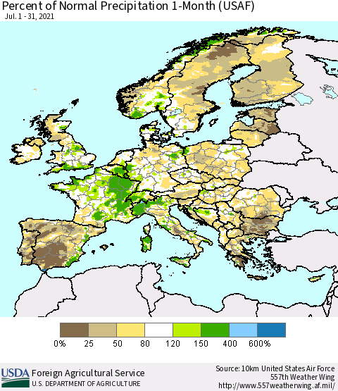 Europe Percent of Normal Precipitation 1-Month (USAF) Thematic Map For 7/1/2021 - 7/31/2021