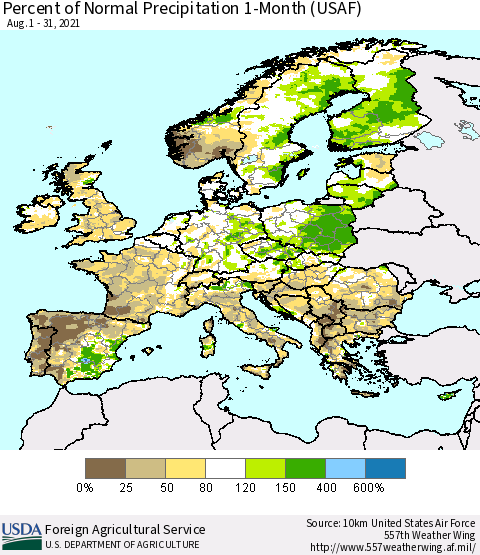 Europe Percent of Normal Precipitation 1-Month (USAF) Thematic Map For 8/1/2021 - 8/31/2021