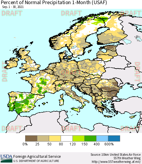 Europe Percent of Normal Precipitation 1-Month (USAF) Thematic Map For 9/1/2021 - 9/30/2021