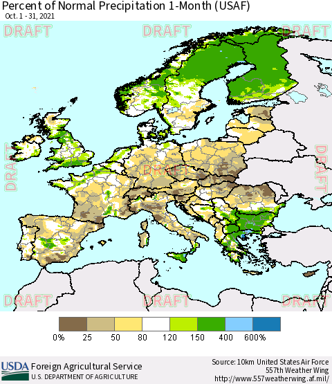 Europe Percent of Normal Precipitation 1-Month (USAF) Thematic Map For 10/1/2021 - 10/31/2021