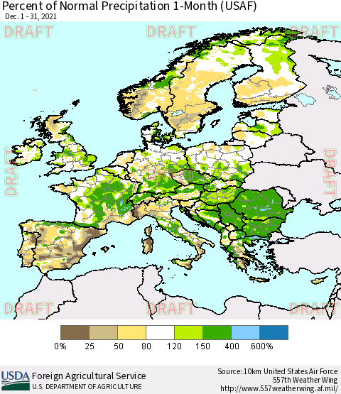 Europe Percent of Normal Precipitation 1-Month (USAF) Thematic Map For 12/1/2021 - 12/31/2021